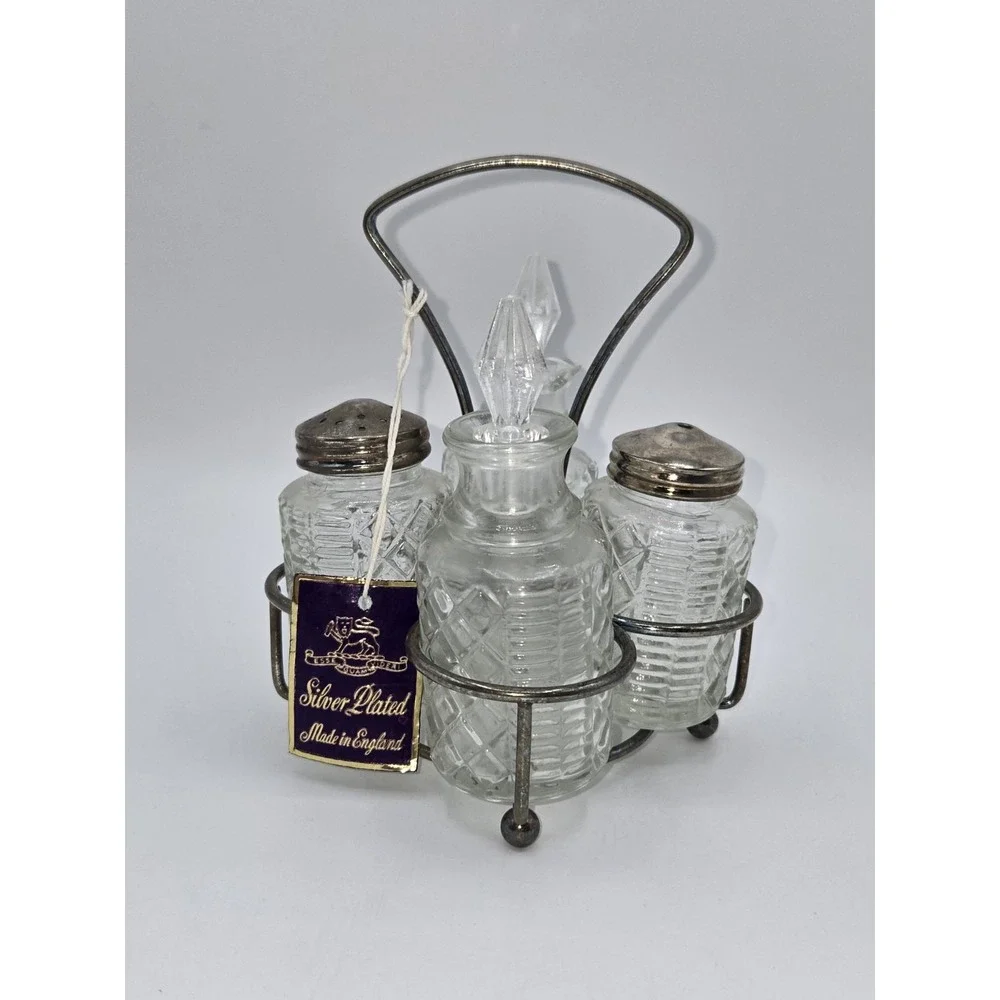 Vintage Silver Plated Cruet Set England Cut Glass Bottles Condiment Set